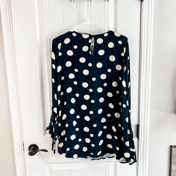 Zara Navy Blue Polka Dot Long Balloon Tie Peasant Sleeve Tunic Top Size Medium - Picture 2 of 7